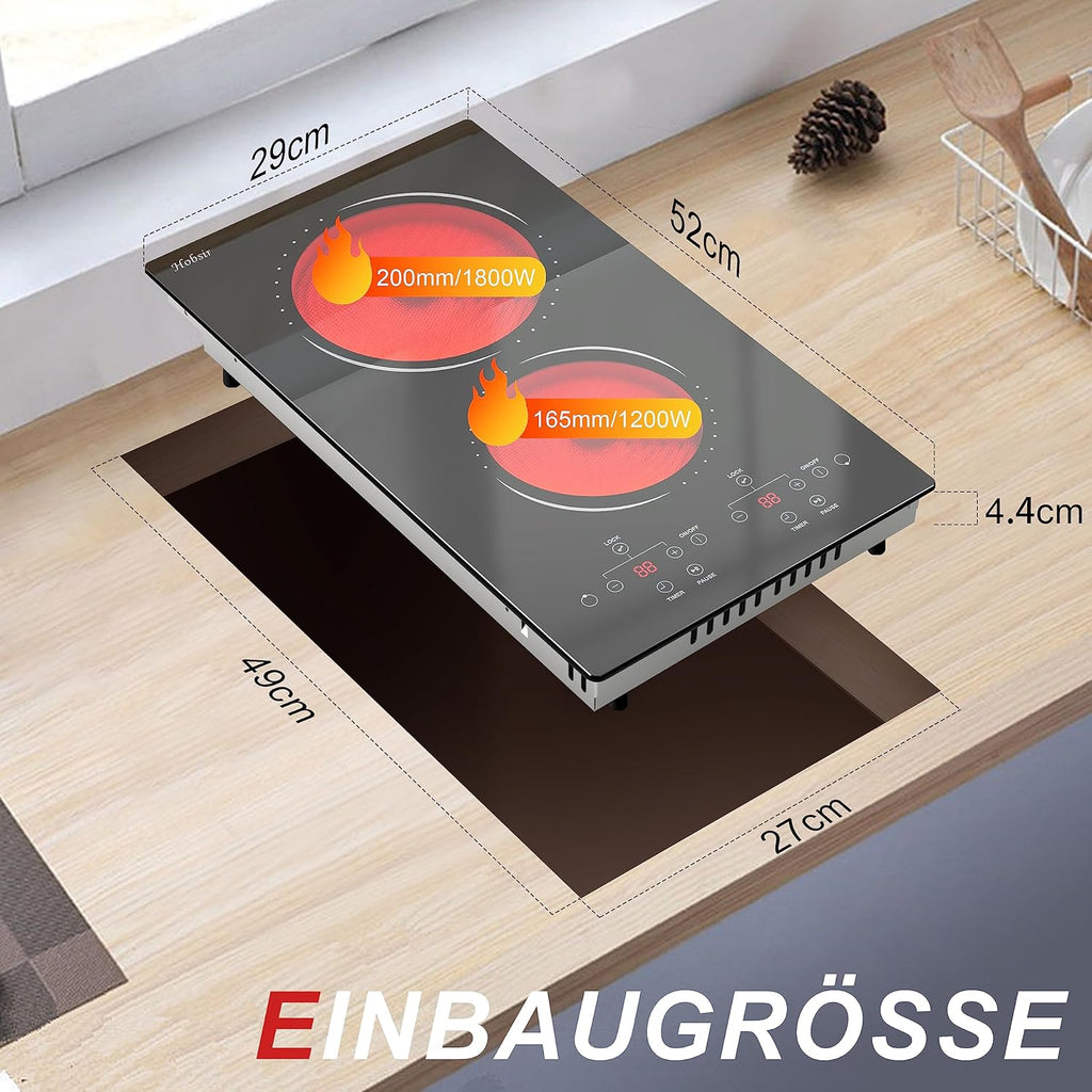 Piano cottura in vetroceramica a 4 zone, sensore touch, controllo autonomo, 60cm, 6000W, 9 livelli di potenza, cablato, senza spina