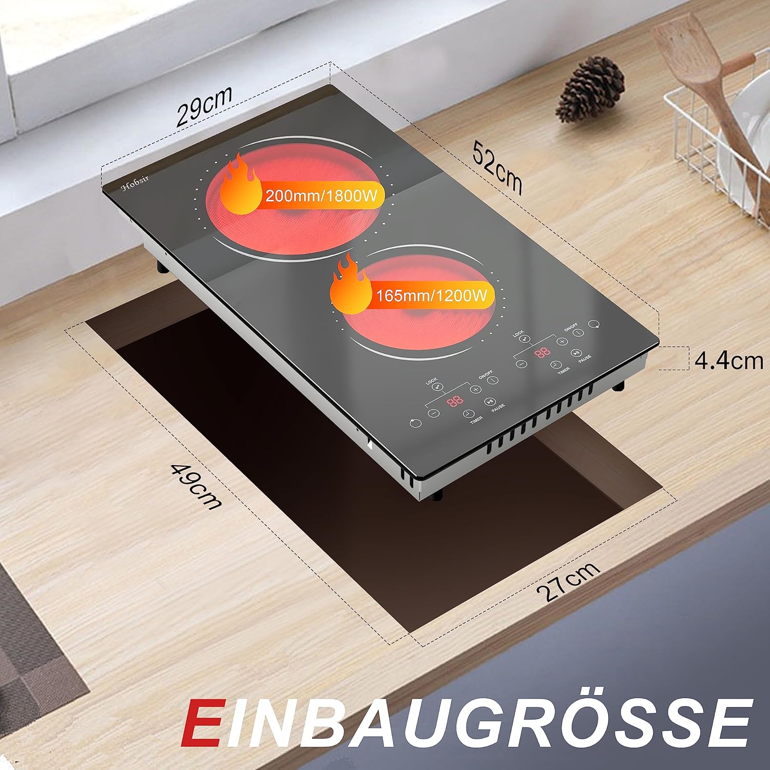 Piano cottura in vetroceramica a 4 zone, sensore touch, controllo autonomo, 60cm, 6000W, 9 livelli di potenza, cablato, senza spina