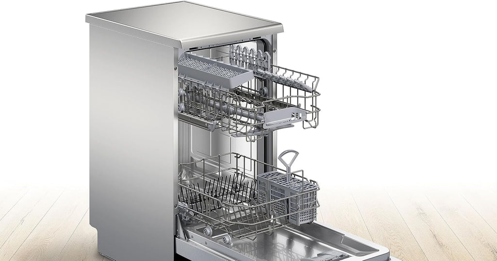Bosch SPV2IKX10E Serie 2 Lavastoviglie smart a scomparsa totale, larghezza 45 cm, Cestello posate, Extra Asciugatura con la pressione di un pulsante, InfoLight punto luce rosso sul pavimento, AquaStop protezione dai danni causati dall'acqua, Bianco