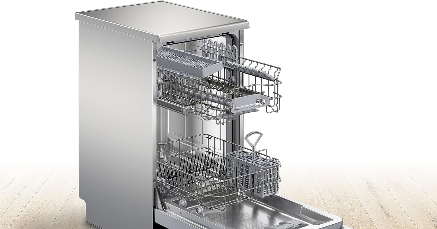 Bosch SPV2IKX10E Serie 2 Lavastoviglie smart a scomparsa totale, larghezza 45 cm, Cestello posate, Extra Asciugatura con la pressione di un pulsante, InfoLight punto luce rosso sul pavimento, AquaStop protezione dai danni causati dall'acqua, Bianco