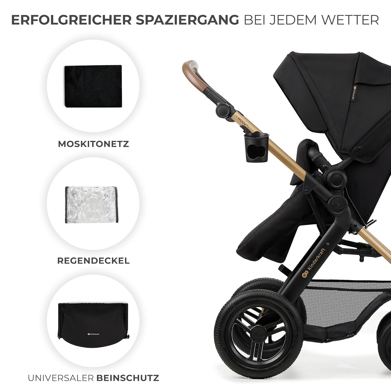 Kinderkraft MOOV2 AIR Passeggino 3 in 1 Set Passeggino fino a 26 kg con seggiolino auto I-SIZE 40-75 cm, funzione passeggino, schienale reclinabile, ampia capottina estensibile, ruote gonfiabili, nero