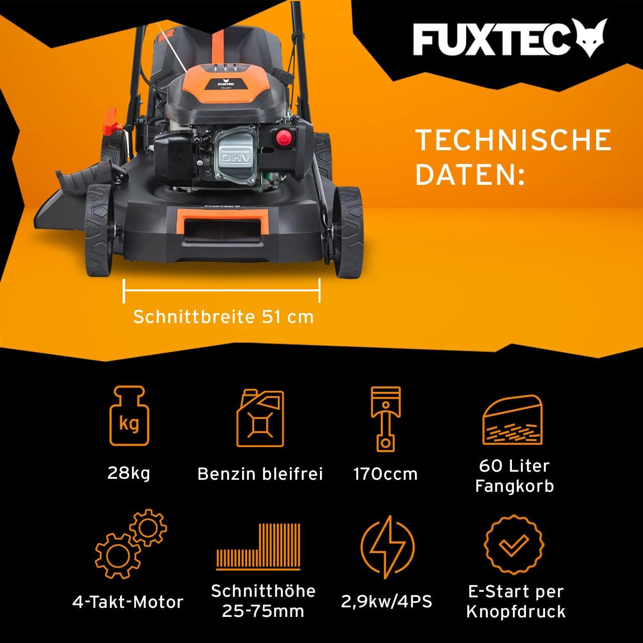 FUXTEC Tosaerba a Benzina 4in1 FX-RM5196eSPRO con Avviamento Elettrico e Trazione Regolabile, Rasaerba con Paraurti Anteriore, Larghezza di Taglio 51 cm, Ruote Big Wheel con Cuscinetti a Sfera, Cesto Raccoglierba da 60L