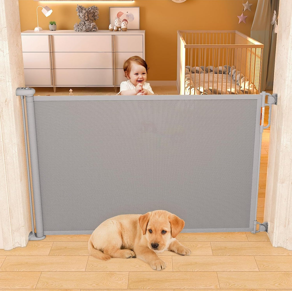 Momcozy Barriera di Sicurezza Retrattile per Bambini (Aggiornata), 0-140 cm, Altezza 83 cm, Cancello di Sicurezza Avvolgibile, Azionabile con Una Sola Mano, Adatta per Scale/Porte/Interno ed Esterno, Grigio