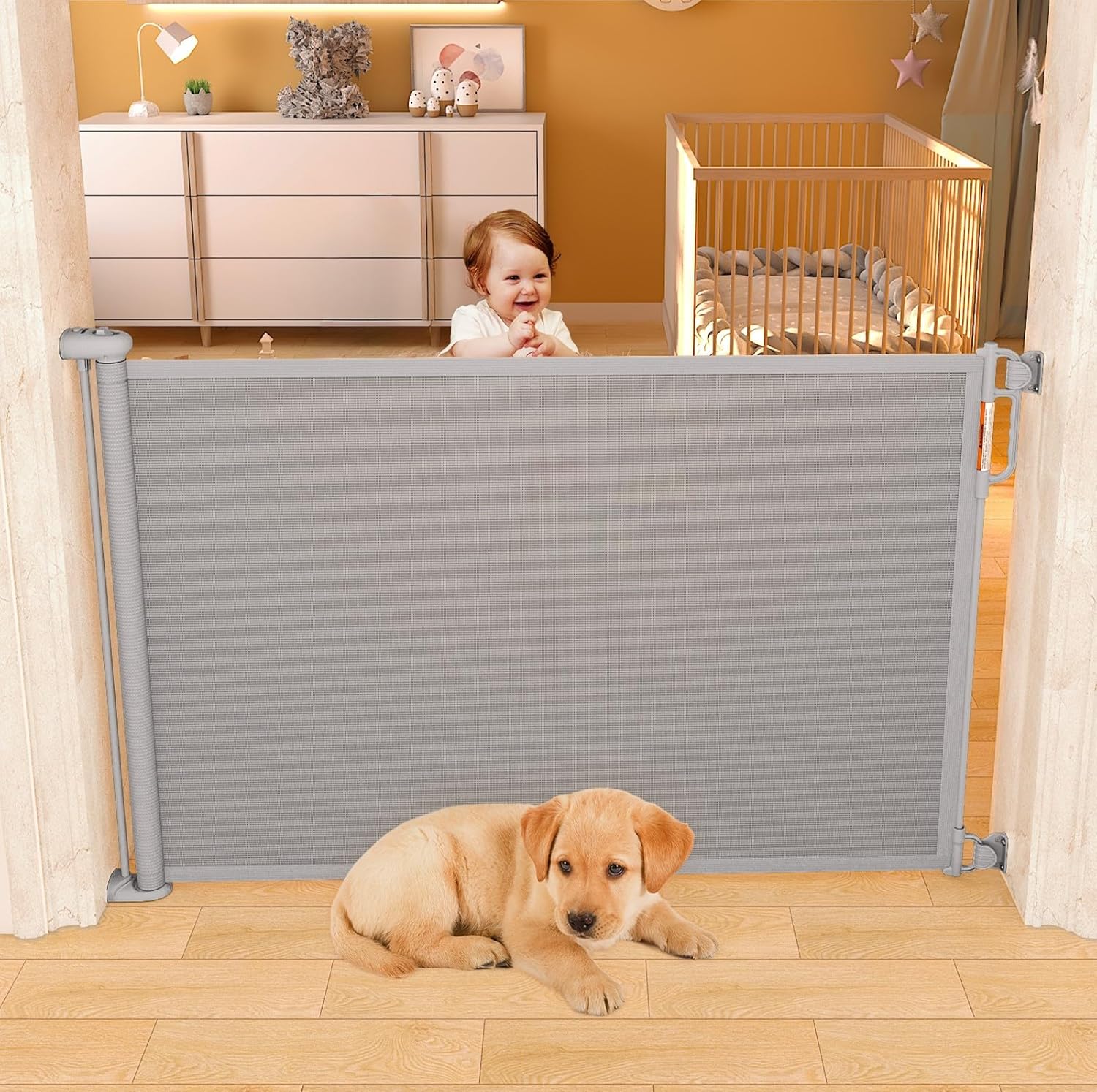 Momcozy Barriera di Sicurezza Retrattile per Bambini (Aggiornata), 0-140 cm, Altezza 83 cm, Cancello di Sicurezza Avvolgibile, Azionabile con Una Sola Mano, Adatta per Scale/Porte/Interno ed Esterno, Grigio