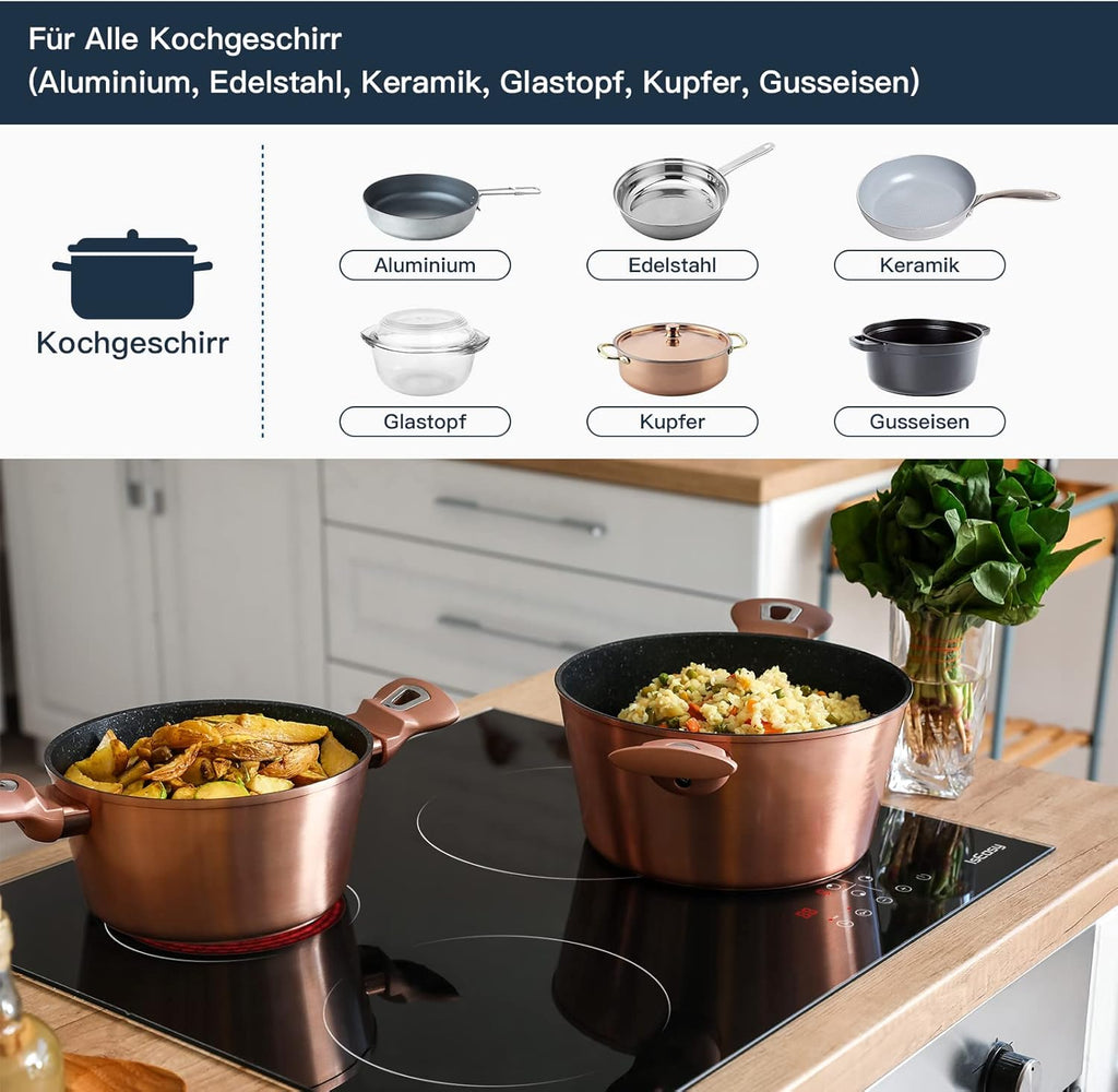 IsEasy 4 Zonen Einbau Induktionskochfeld mit 9 Leistungsstufen &1-99Min Timer, Boost-Funktion, Induktionskochplatte, Induktion Herdplatte mit 4 Platten, 60cm, 6800W, Schwarz