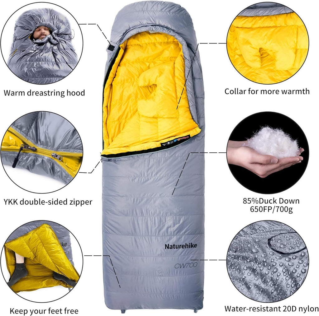 Naturehike CW700/CW400 Sacco a Pelo in Piuma, Ultraleggero, Portatile, Compatto, per Inverno, 4 Stagioni, per Adulti e Bambini, Campeggio, Escursionismo, Viaggi, con Sacco a Compressione