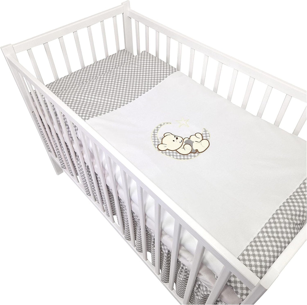 Bello24 - Set completo di 16 pezzi per culla e biancheria da letto Happy Leo, con materasso regolabile in altezza per neonati e bambini piccoli, in legno massello (Grigio - Orsetto Luna)