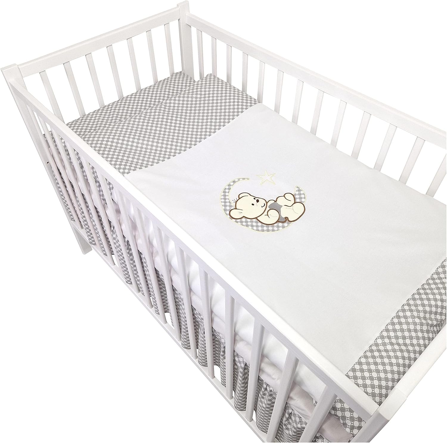 Bello24 - Set completo di 16 pezzi per culla e biancheria da letto Happy Leo, con materasso regolabile in altezza per neonati e bambini piccoli, in legno massello (Grigio - Orsetto Luna)