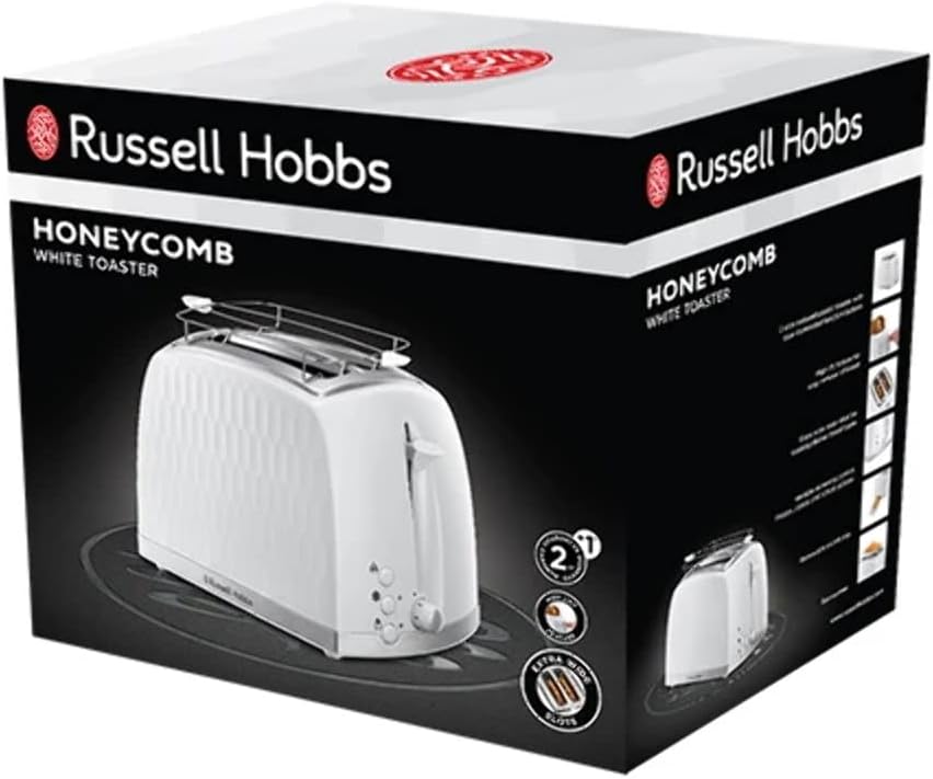 Russell Hobbs Honeycomb Tostapane 2 Fette (Fessure Extra Larghe, Funzione Sollevamento Extra, 6 Livelli di Tostatura, Funzioni Scongelamento/Annulla/Riscalda, Vassoio Raccoglibriciole Removibile, 850 W, Bianco testurizzato)