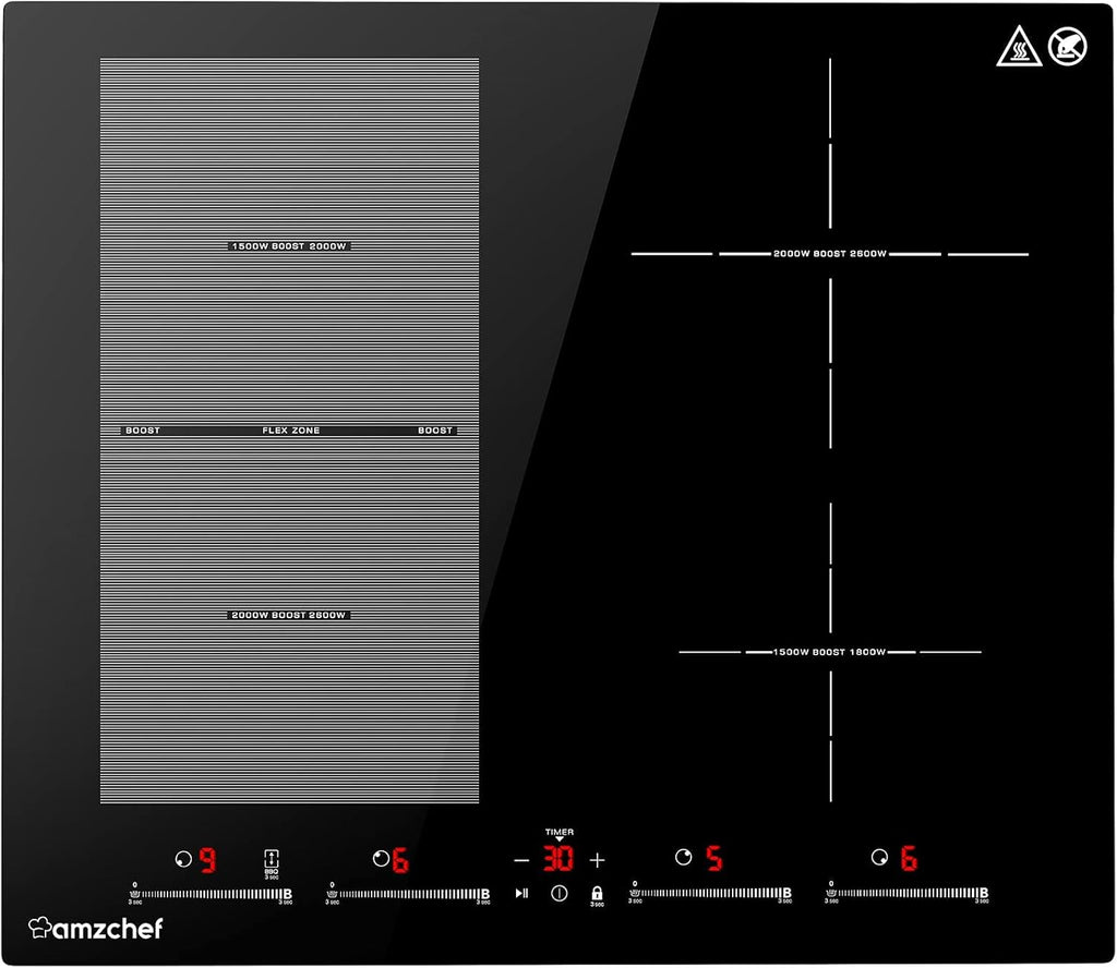 AMZCHEF Piano cottura a induzione con due zone flessibili, piano cottura a induzione a 4 zone con funzionamento silenzioso (42 dB), 9 livelli di potenza e Booster - Funzione BBQ, funzione Pausa e Mantieni caldo, 7400 W