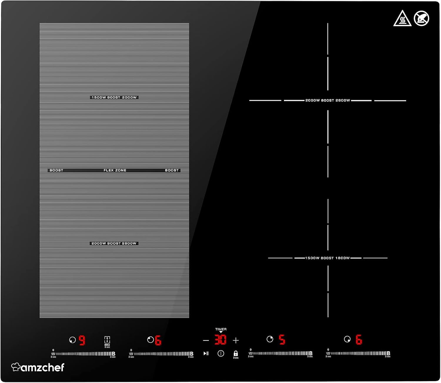 AMZCHEF Piano cottura a induzione con due zone flessibili, piano cottura a induzione a 4 zone con funzionamento silenzioso (42 dB), 9 livelli di potenza e Booster - Funzione BBQ, funzione Pausa e Mantieni caldo, 7400 W