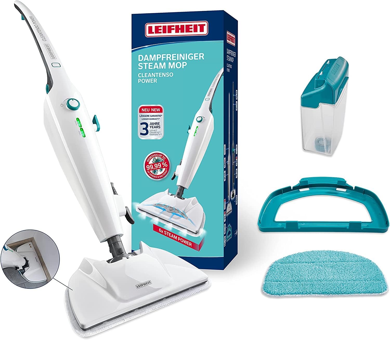 Leifheit Pulitore a vapore CleanTenso Power 2.0 con vapore caldo contro i batteri, Mop a vapore con tempi di riscaldamento brevi e 50 minuti di autonomia, Scopa a vapore per la pulizia degli angoli, Spazzola a vapore dal design moderno