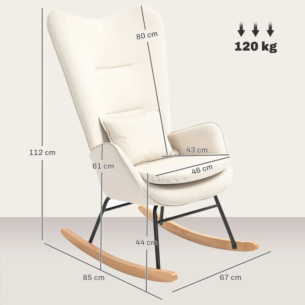 HOMCOM Sedia a Dondolo con Cuscino Lombare e Strisce in Feltro, Bianco Crema