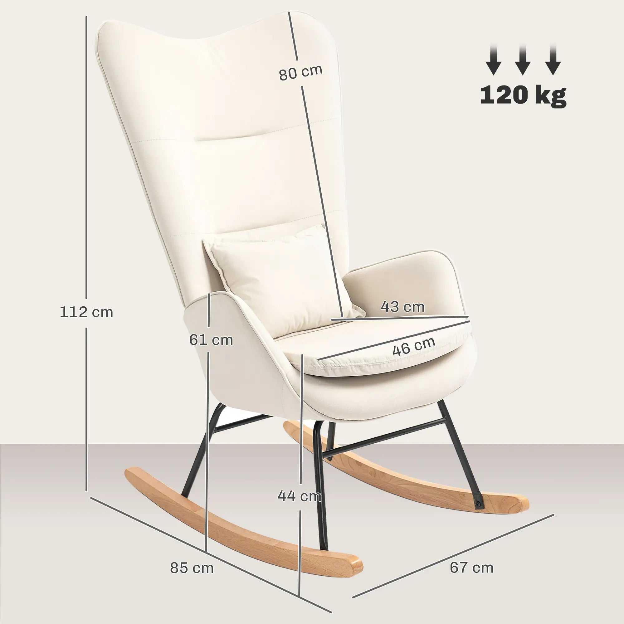 HOMCOM Sedia a Dondolo con Cuscino Lombare e Strisce in Feltro, Bianco Crema