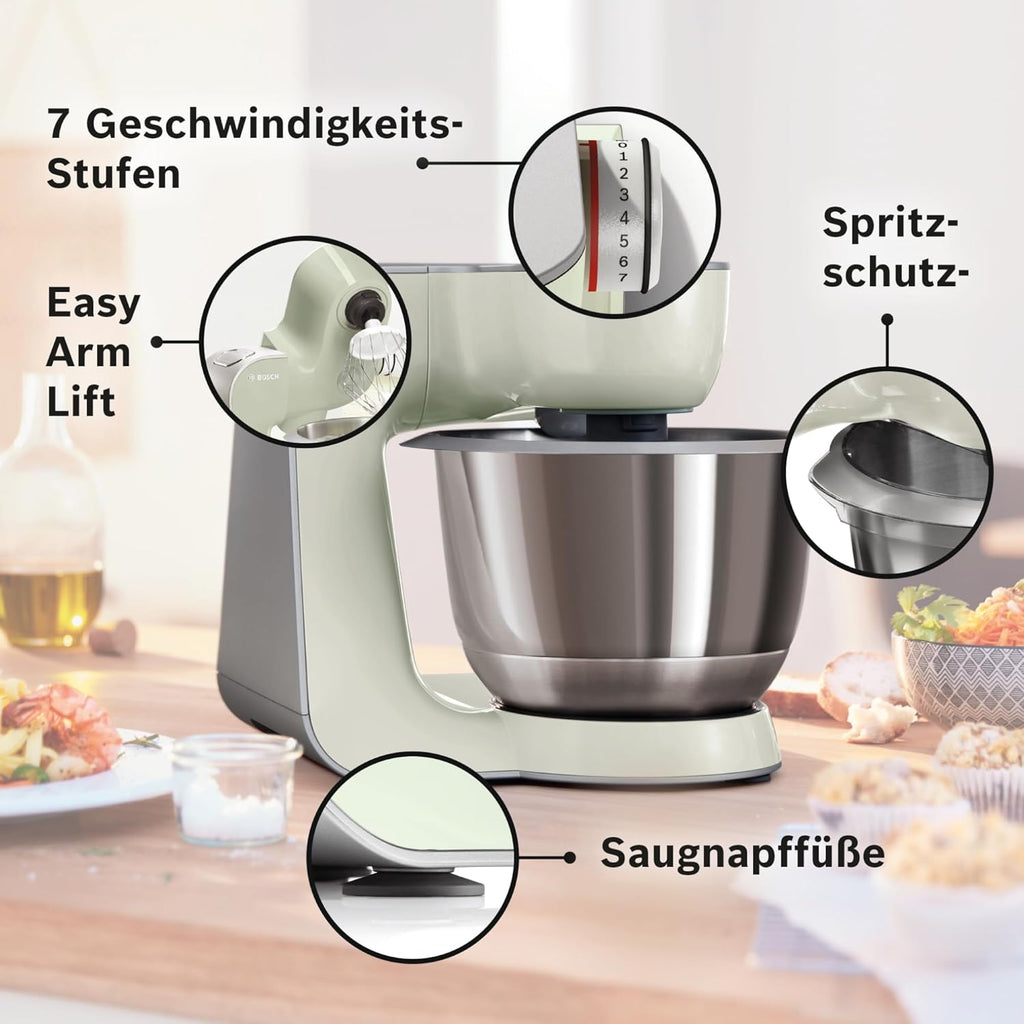 Bosch Robot da cucina Serie 4 MUM58720, ciotola in acciaio inox 3,9 L, frullatore 1,25 L, movimento planetario, gancio impastatore, frusta, frusta, tritacarne continuo, 3 dischi, 1000 W, rosso scuro/argento