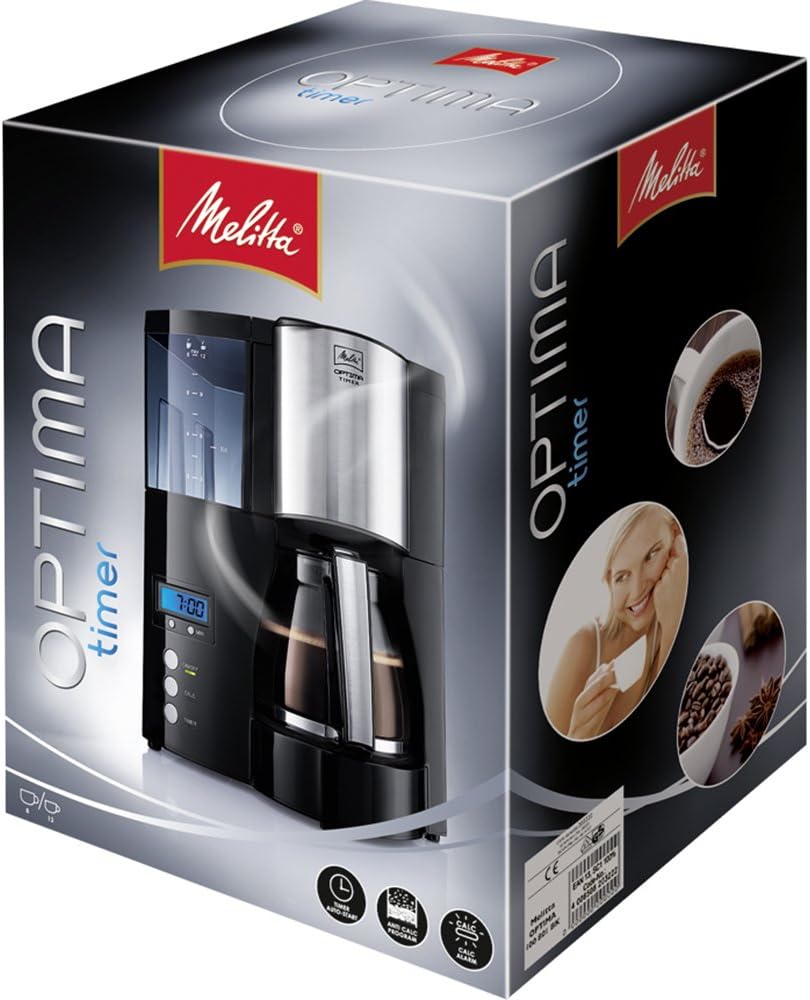 Melitta Optima Timer – Macchina da caffè con timer, macchina da caffè americano con caraffa in vetro e serbatoio dell'acqua rimovibile, per un massimo di 8 tazze di caffè, nero