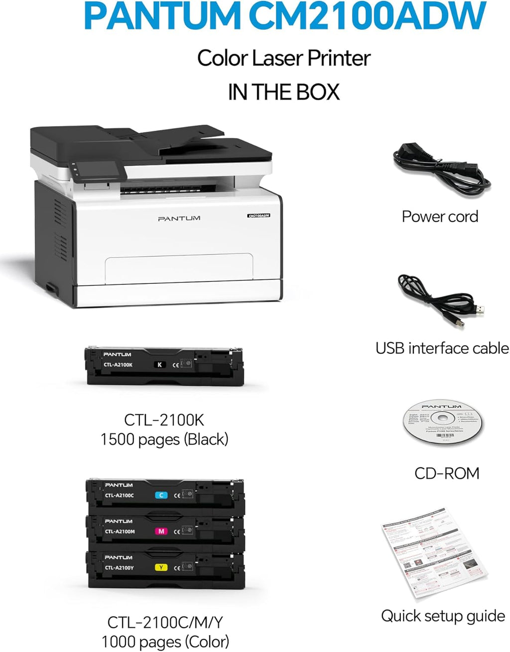 PANTUM CM2100ADW Stampante Laser, Stampante Multifunzione a Colori per Stampa, Copia e Scansione con ADF, Stampa Fronte/Retro Automatica, Wi-Fi NET USB, 20 ppm, per Casa e Ufficio
