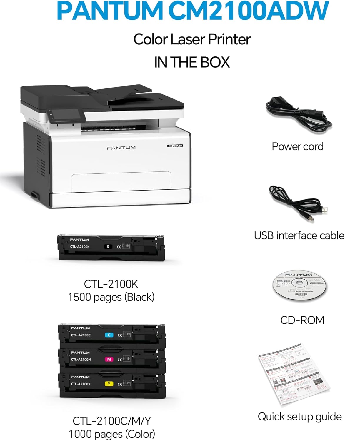 PANTUM CM2100ADW Stampante Laser, Stampante Multifunzione a Colori per Stampa, Copia e Scansione con ADF, Stampa Fronte/Retro Automatica, Wi-Fi NET USB, 20 ppm, per Casa e Ufficio