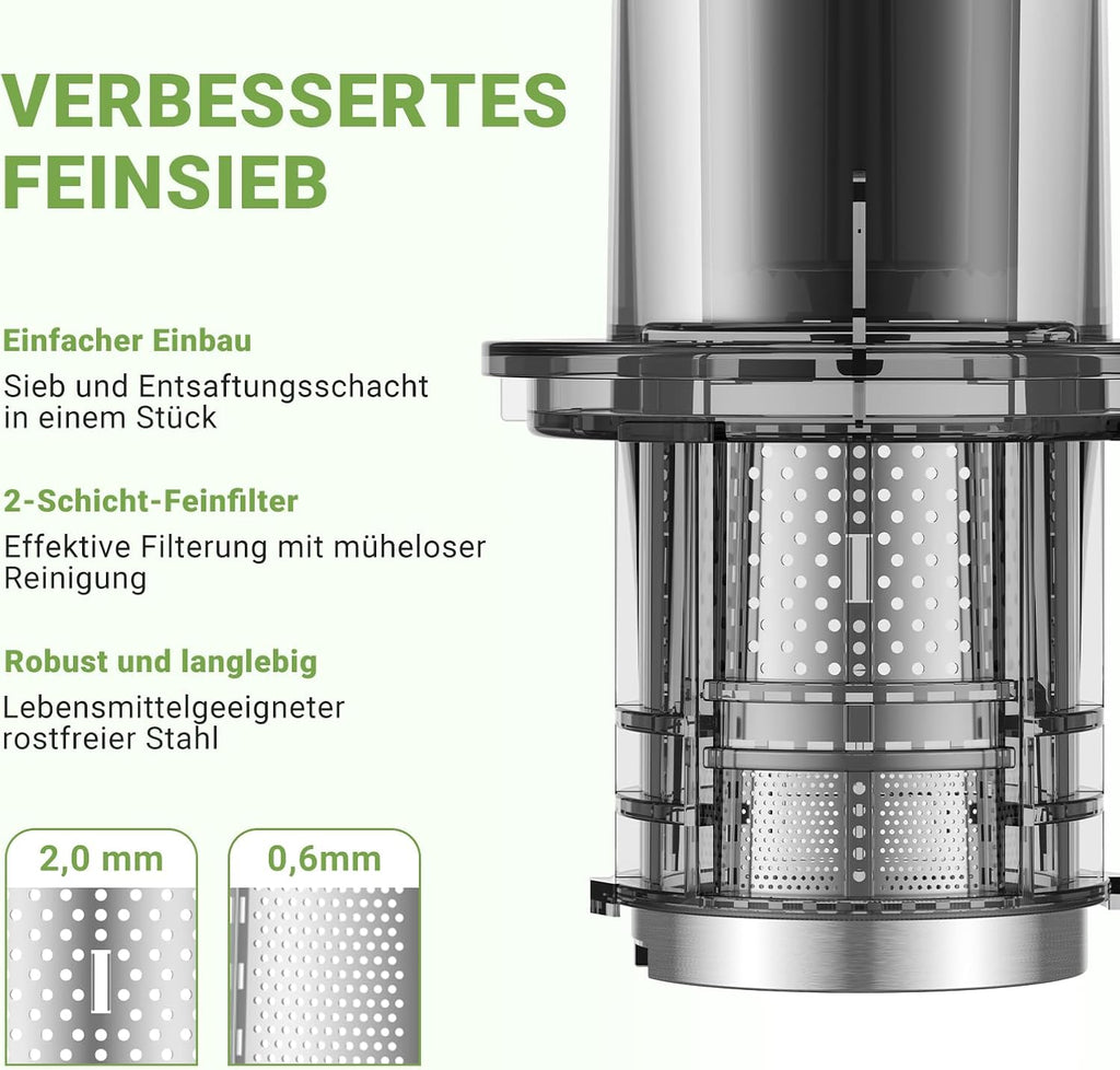 AMZCHEF Estrattore di Succo per Frutta e Verdura con 2 Modalità di Velocità - Slow Juicer con Bottiglia Portatile e 2 Tazze - Cold Press Juicer Senza BPA con LED Intelligente e Funzione di Inversione - Nero