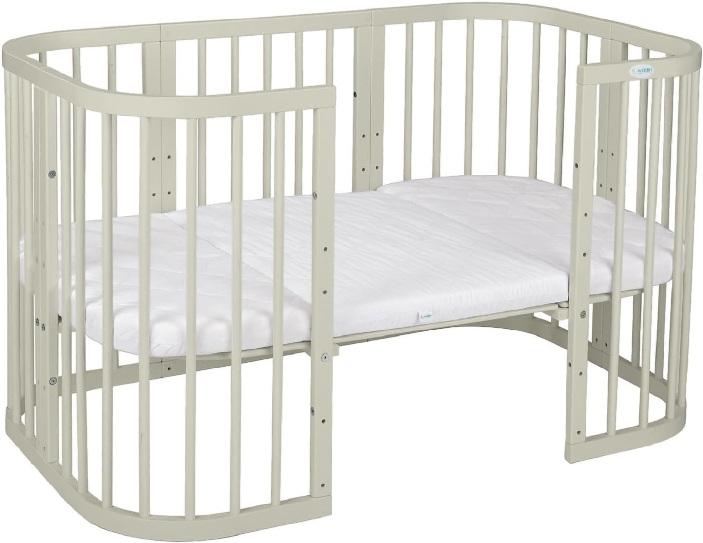 Waldin Lettino per bambini in legno 7in1 con materasso, Letto "Cresci con me", Ventilato, Base regolabile in 5 altezze, Set All-Inclusive, Legno Bianco