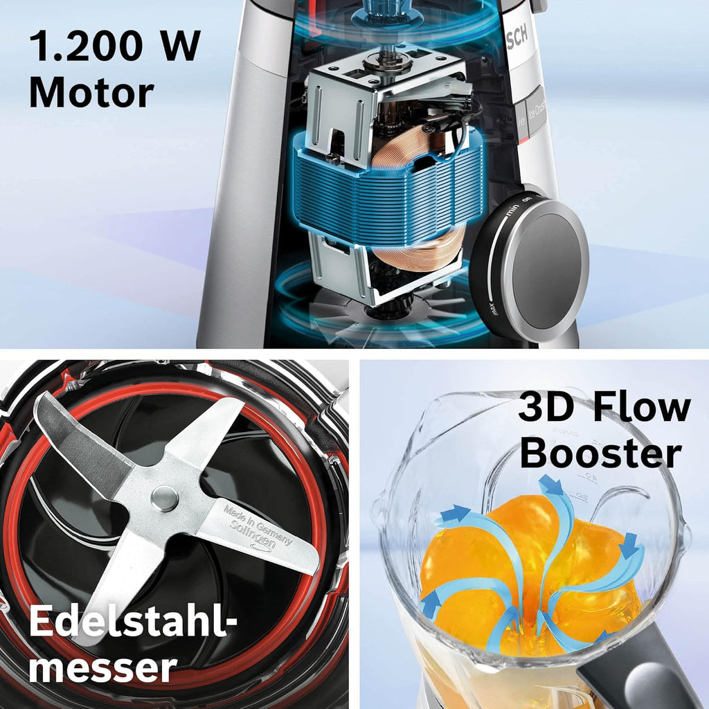 Bosch Standmixer VitaPower Serie 4 MMB6172SN, verbesserte Version, 10 Jahre Motorgarantie, Edelstahl-Klingen, 1,5l Glasbehlter, spülmaschinenfeste Teile, 30,000 U/min, 1200 W, silber