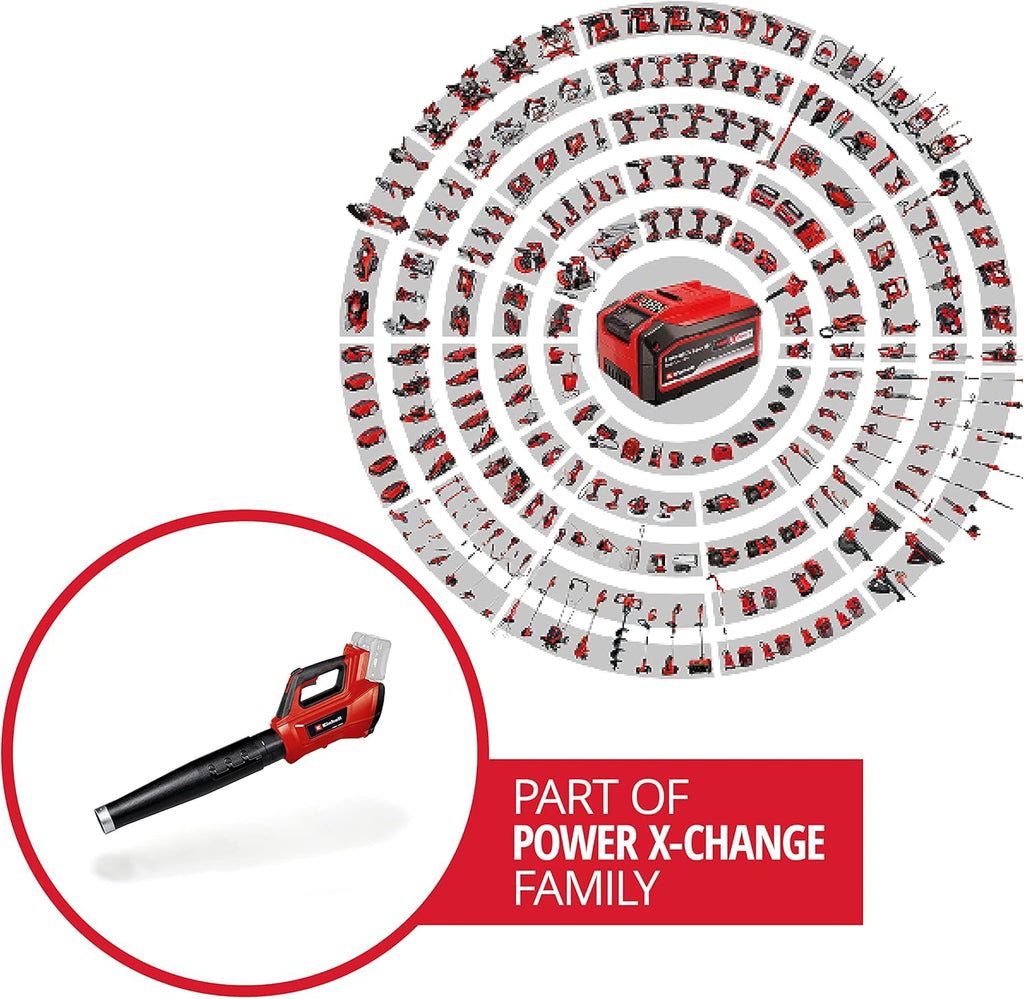 Soffiatore a batteria Einhell Professional GP-LB 36/210 Li E-Solo Power X-Change (Agli ioni di litio, potenza di soffiaggio 816m/h, interruttore turbo, tubo in 3 parti + staccabile, senza batteria e caricabatterie)