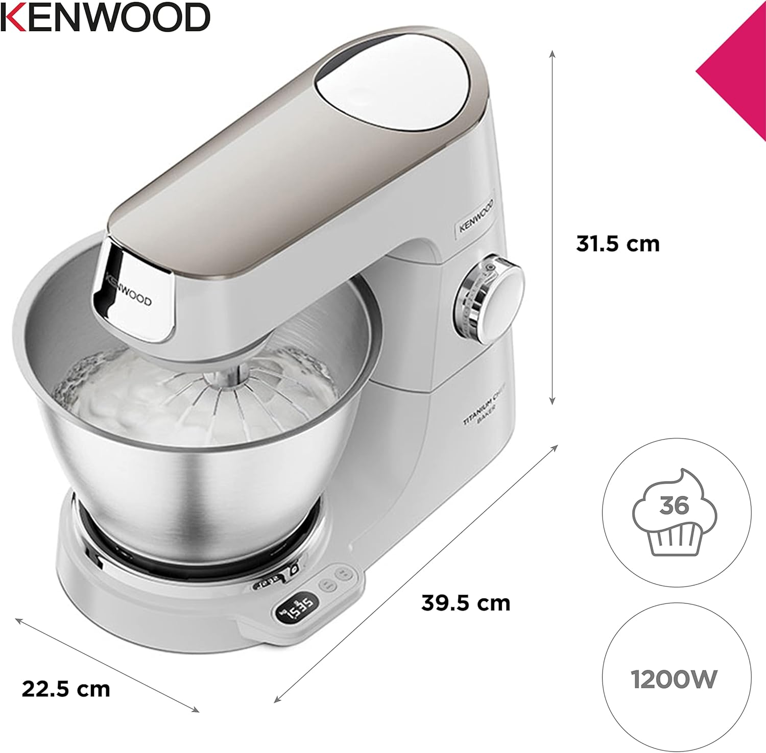 Kenwood Titanium Chef Baker KVL85.424SI Robot da cucina con bilancia integrata, incl. set pasticceria da 4 pezzi, ciotole da 7 L e 5 L, regolazione continua della velocità, 1200 W, Argento