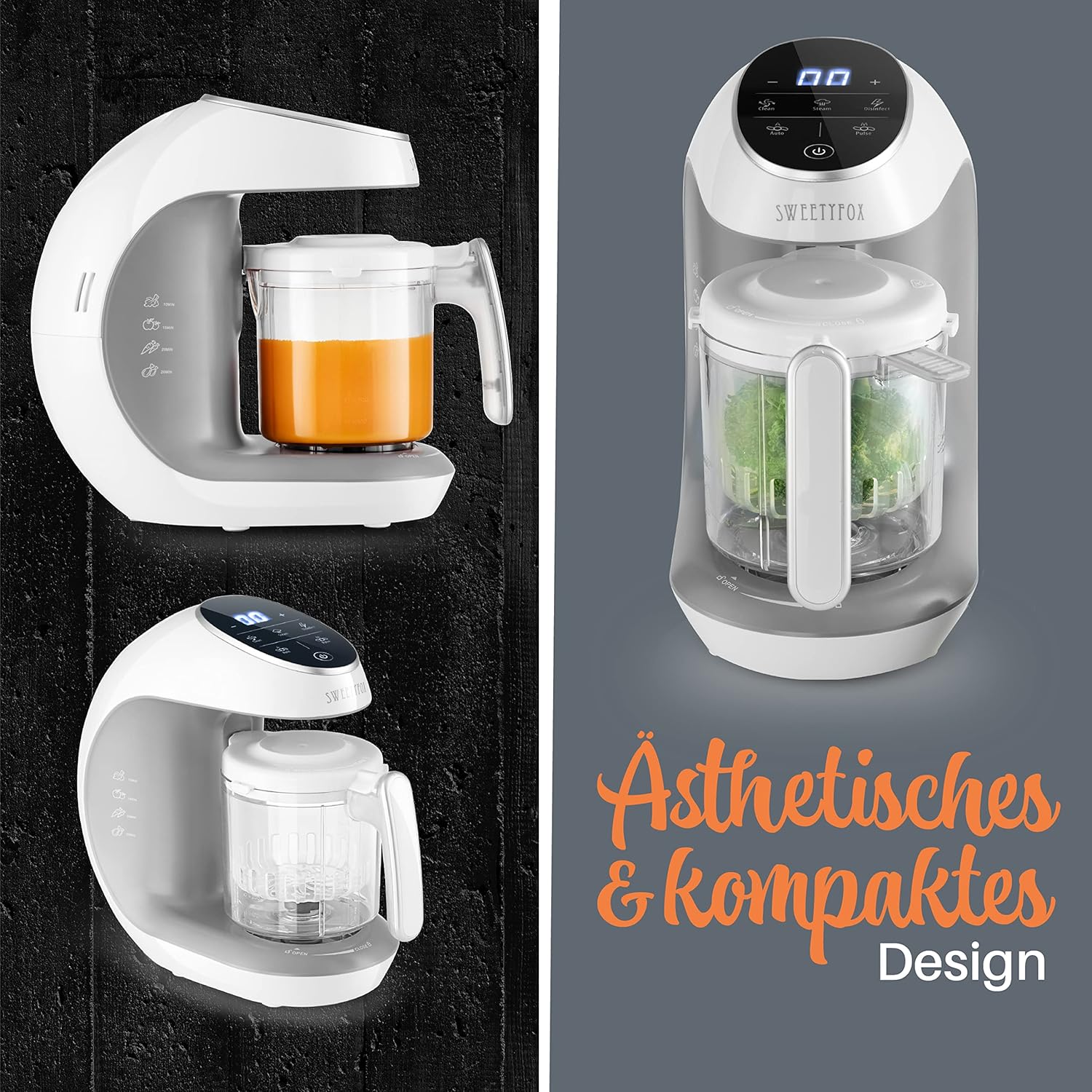 Sweety Fox - Multifunktions Babynahrungszubereiter 7-in-1 - Dampfgarer, Mixer, Pulse, Automatische Reinigungsfunktion, Sterilisiert, Glschenwrmer, Auftaufunktion