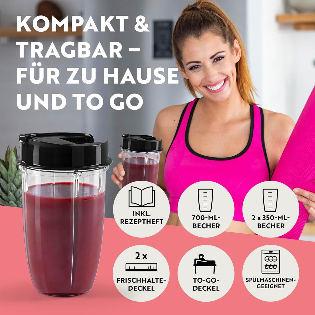 GOURMETmaxx Frullatore per Smoothie e Frullatore a Immersione Set da 18 pezzi - 400W | Frullatore Elettrico da 750ml, Mixer con 4 Bicchiere To-Go, 2 Lame, Spremiagrumi, Piedistallo e Coperchio | Lavabile in Lavastoviglie, a Prova di Perdite e Senza BPA