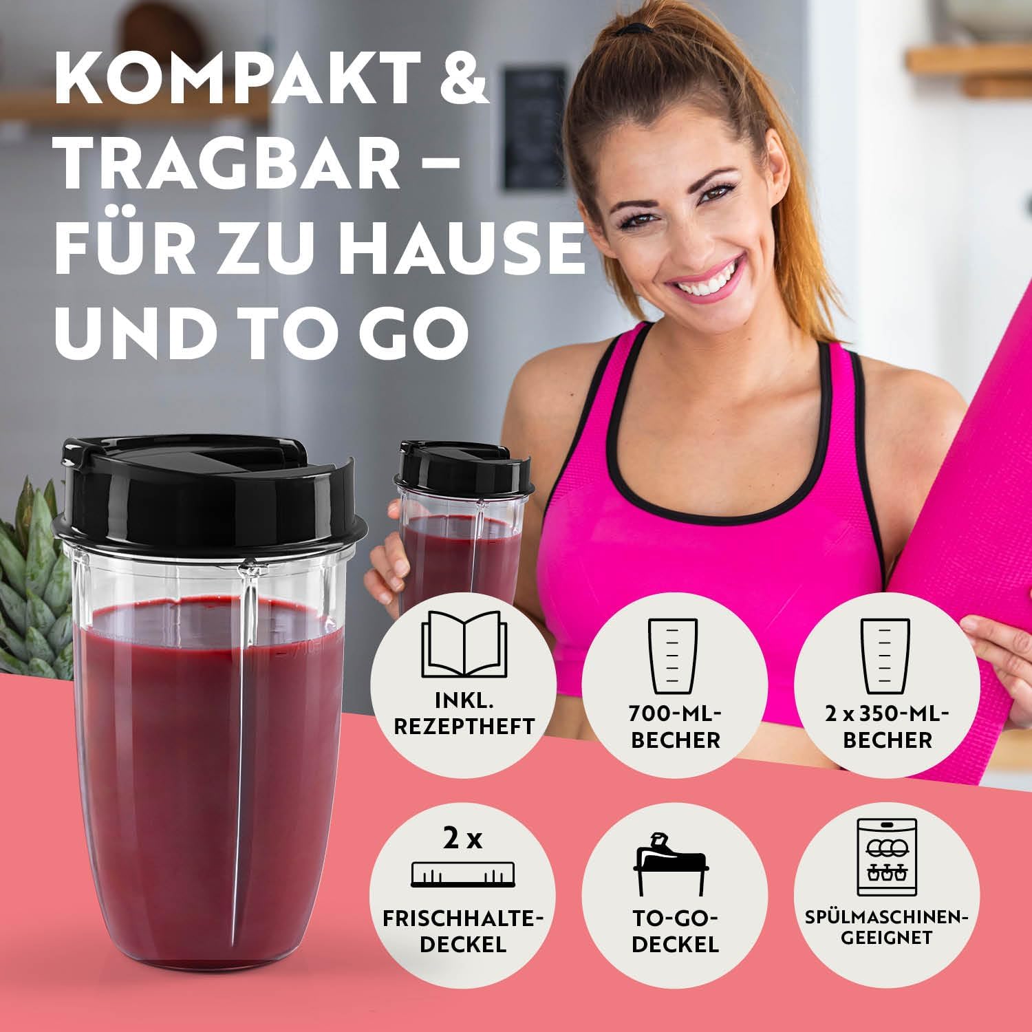 GOURMETmaxx Frullatore per Smoothie e Frullatore a Immersione Set da 18 pezzi - 400W | Frullatore Elettrico da 750ml, Mixer con 4 Bicchiere To-Go, 2 Lame, Spremiagrumi, Piedistallo e Coperchio | Lavabile in Lavastoviglie, a Prova di Perdite e Senza BPA