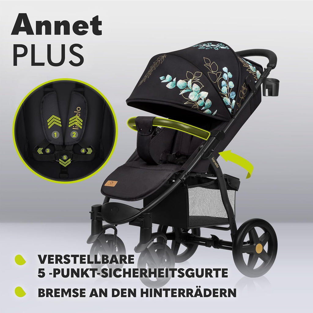 LIONELO Annet Buggy fino a 22 kg con funzione reclinabile, passeggino compatto richiudibile con accessori, ruote in schiuma EVA, zanzariera, coprigambe, portabevande, cestino (Golden Moments, Tour)
