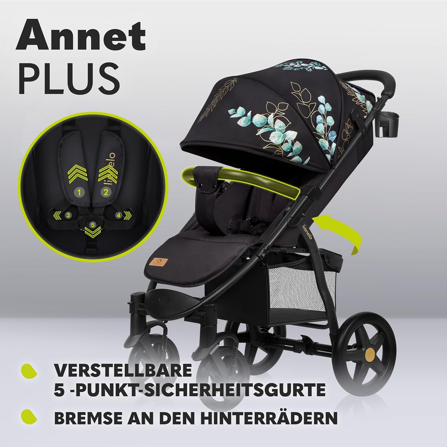 LIONELO Annet Buggy fino a 22 kg con funzione reclinabile, passeggino compatto richiudibile con accessori, ruote in schiuma EVA, zanzariera, coprigambe, portabevande, cestino (Golden Moments, Tour)