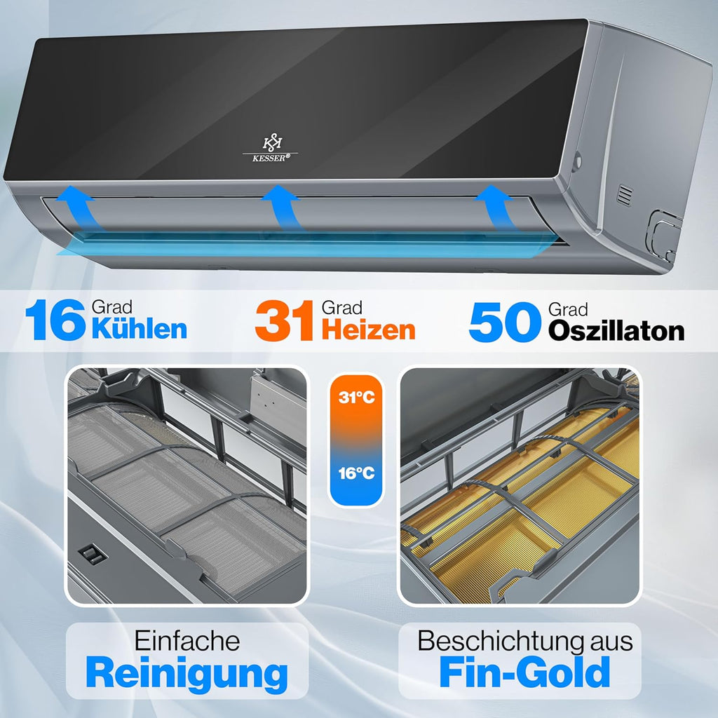 KESSER® Condizionatore Split - con funzione WiFi/App - Raffreddamento A++/Riscaldamento A+ - 9000 BTU/h (2.600 Watt) Refrigerante R32 - Telecomando, funzione timer - Kit di montaggio completo incluso