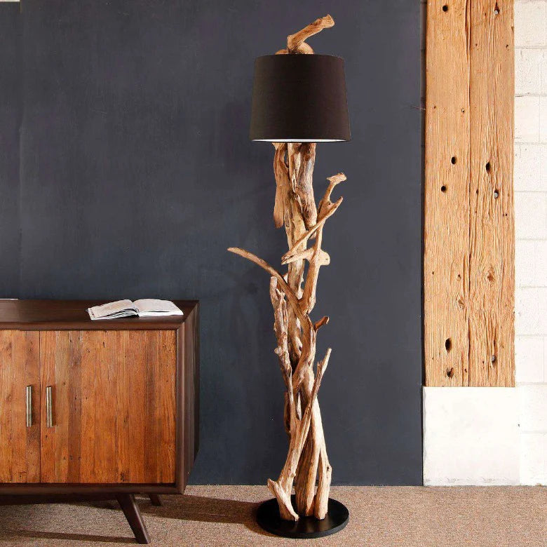 Lampada in legno radice MORGAN con paralume nero