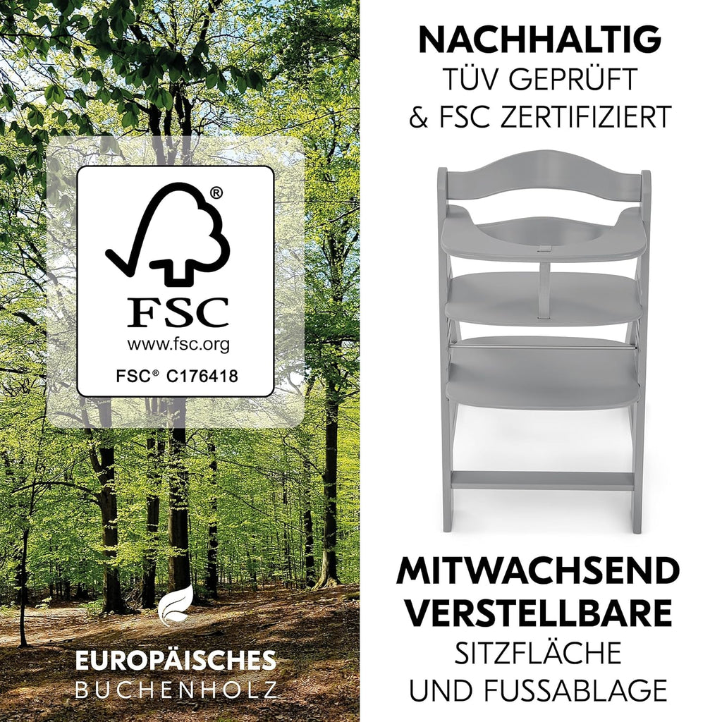 hauck Hochstuhl Alpha Plus Newborn Set mit 2in1 Bouncer - Mitwachsender Holz Babyhochstuhl ab Geburt, inkl. Sitzauflage & Neugeborenenaufsatz - Dark Grey