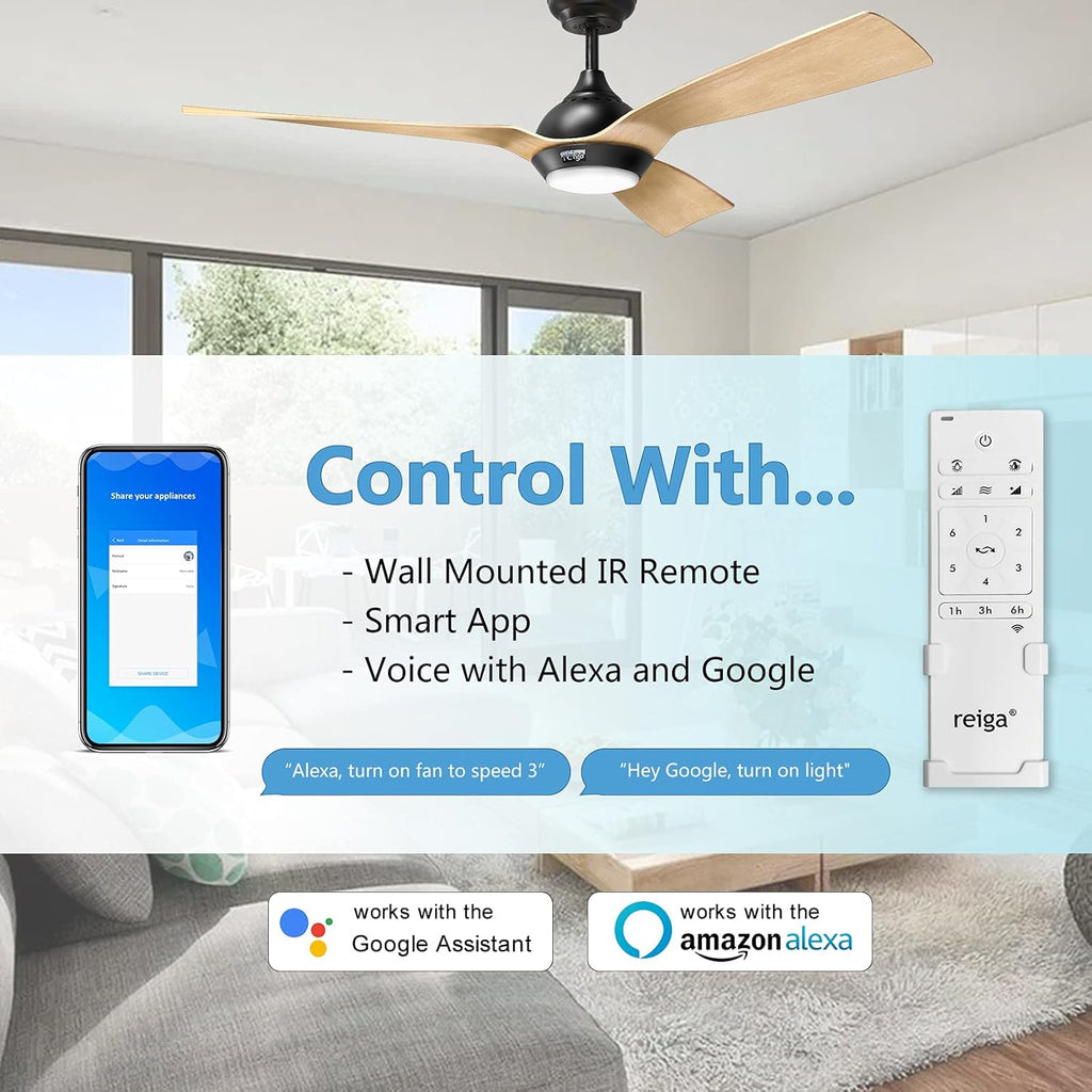 reiga Ventilatore da soffitto WiFi 132 CM con illuminazione a LED dimmerabile e telecomando, 3 temperature di colore, motore DC 6 velocità, compatibile con l'App Alexa Google Home, legno e marrone