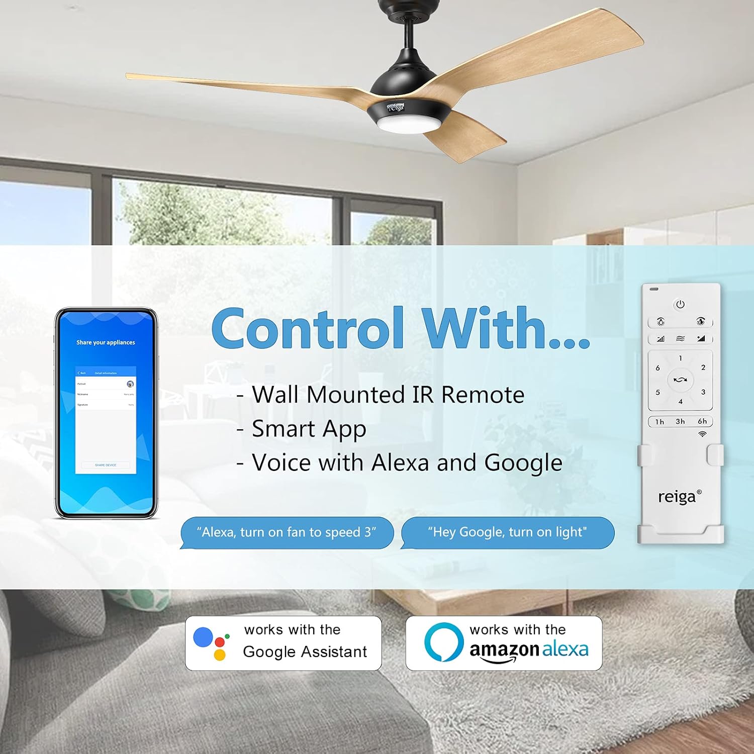 reiga Ventilatore da soffitto WiFi 132 CM con illuminazione a LED dimmerabile e telecomando, 3 temperature di colore, motore DC 6 velocità, compatibile con l'App Alexa Google Home, legno e marrone