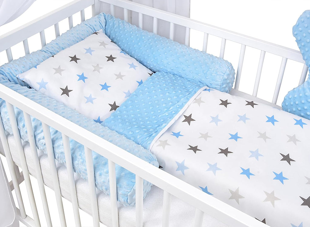 Baby Delux Lettino per Bambini Set Completo Casetta 60x120 cm Bianco con Cassetto Sponda Paracolpi Materasso Biancheria da Letto Set Decorativo (Stelle del Principe)