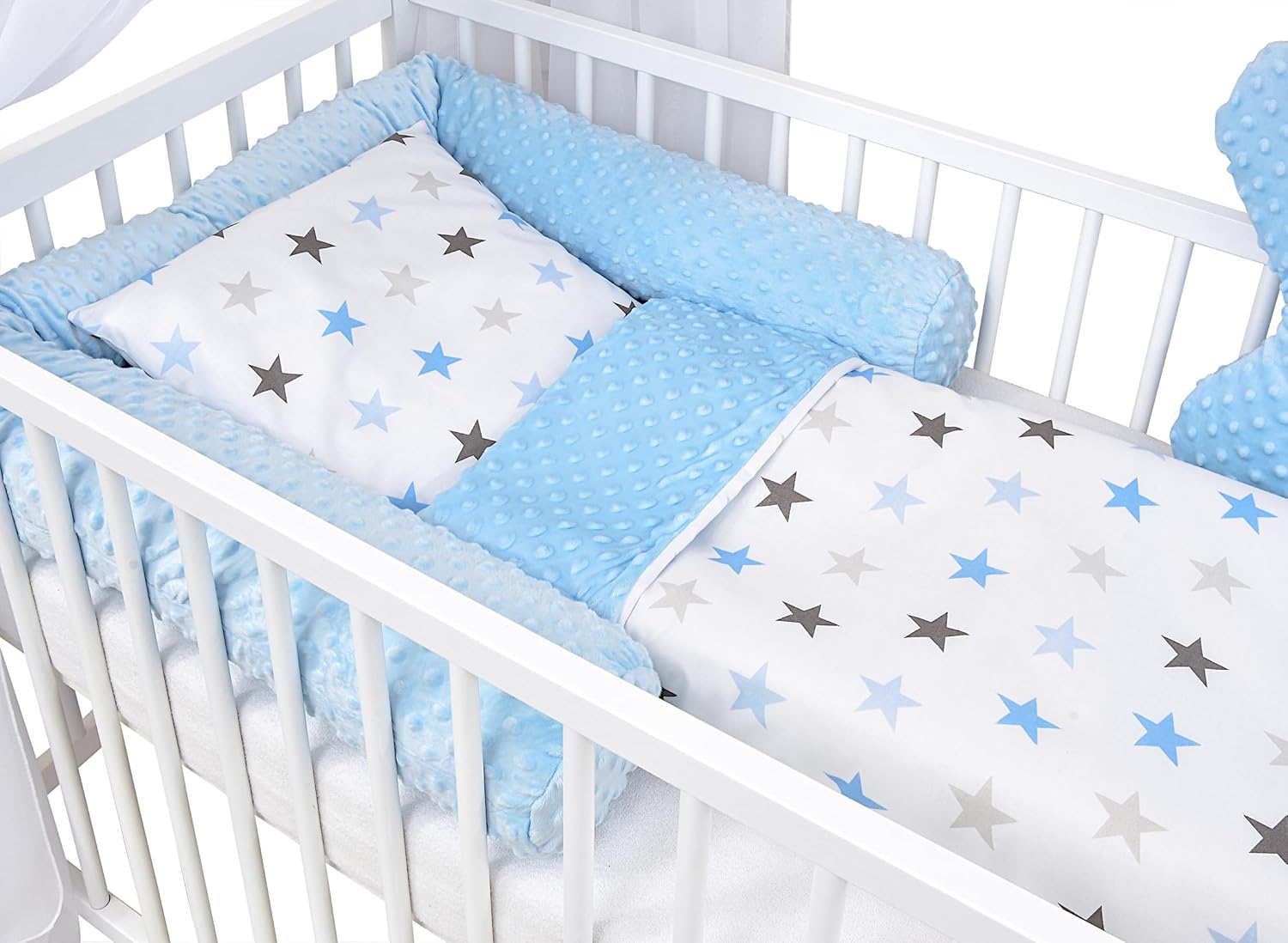 Baby Delux Lettino per Bambini Set Completo Casetta 60x120 cm Bianco con Cassetto Sponda Paracolpi Materasso Biancheria da Letto Set Decorativo (Stelle del Principe)