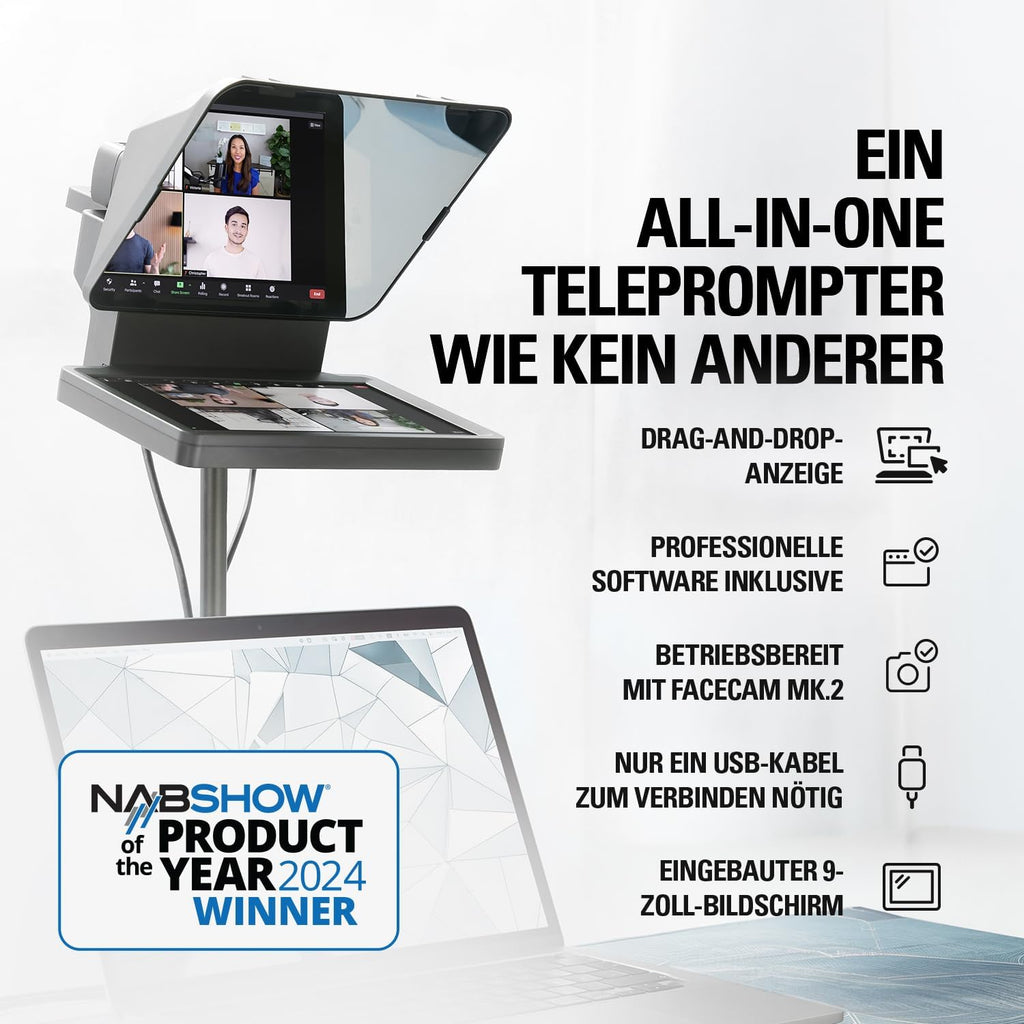 Elgato Prompter – Teleprompter mit integriertem Bildschirm für YouTube, Twitch, Zoom, Teams und mehr, unterstützt DSLR/Webcam/Smartphone, Drag&Drop-Monitoranzeige, funktioniert mit Mac/PC&Stream Deck
