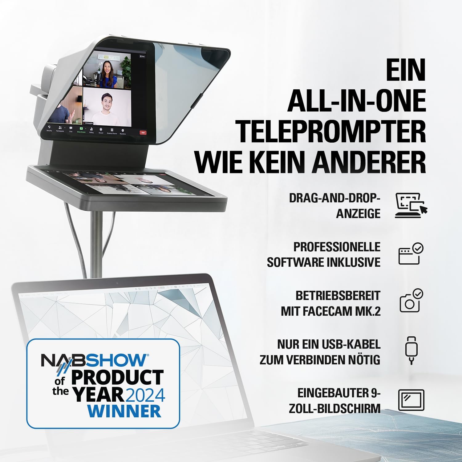 Elgato Prompter – Teleprompter mit integriertem Bildschirm für YouTube, Twitch, Zoom, Teams und mehr, unterstützt DSLR/Webcam/Smartphone, Drag&Drop-Monitoranzeige, funktioniert mit Mac/PC&Stream Deck