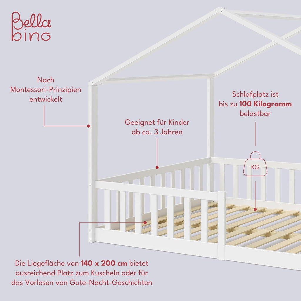 Bellabino Lettino per bambini Bia 140x200 cm, letto a capanna per bambini con protezione anticaduta e rete a doghe arrotolabile, letto a terra Montessori bianco in legno massello di pino