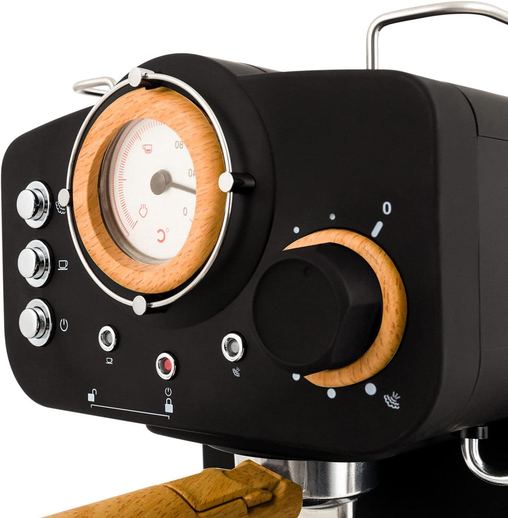 CREATE / THERA RETRO/Macchina da caffè espresso semiautomatica Rosa Pastello Opaco e Legno / Pompa a pressione 20bar, 1100W, Serbatoio acqua 1.25L, per caffè macinato, cialde ESE 55mm, con vaporizzatore, 1100W