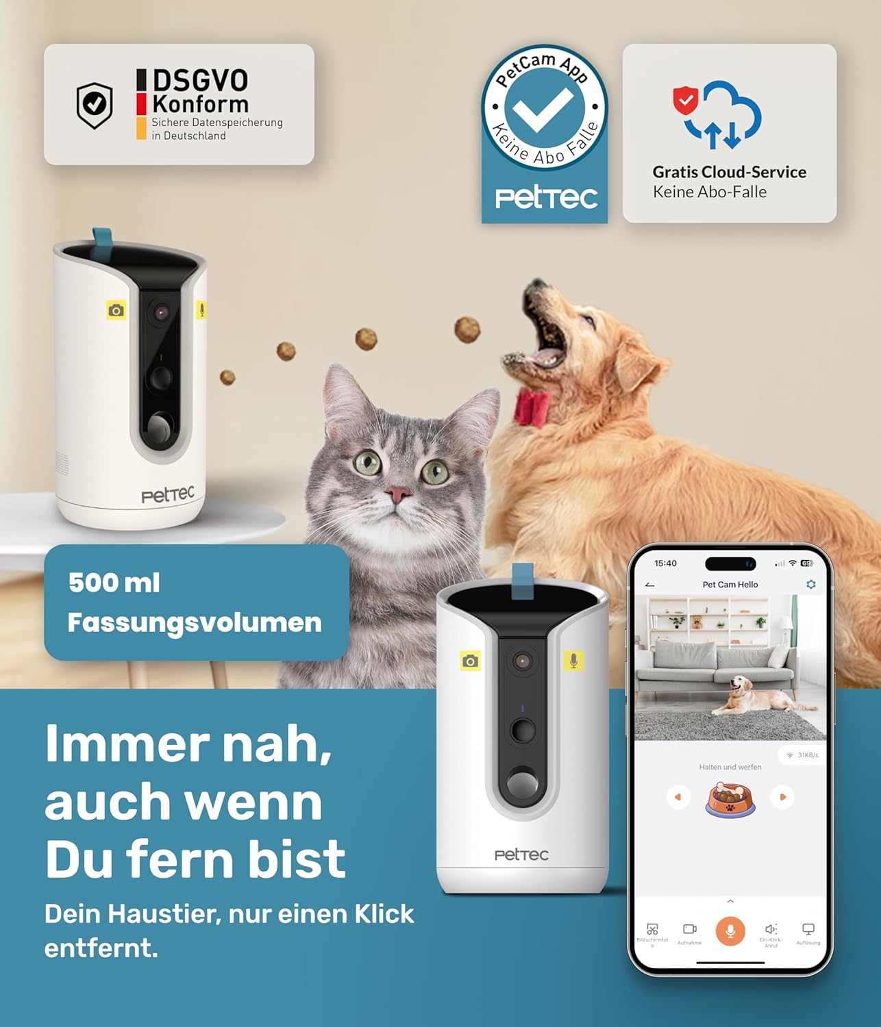PetTec Videocamera per animali domestici a 360° e distributore automatico di cibo con espulsione di crocchette - tramite App e pulsante multifunzione - Rilevamento dei latrati - Funzione visione notturna 3MP - Telecamera per cani e gatti