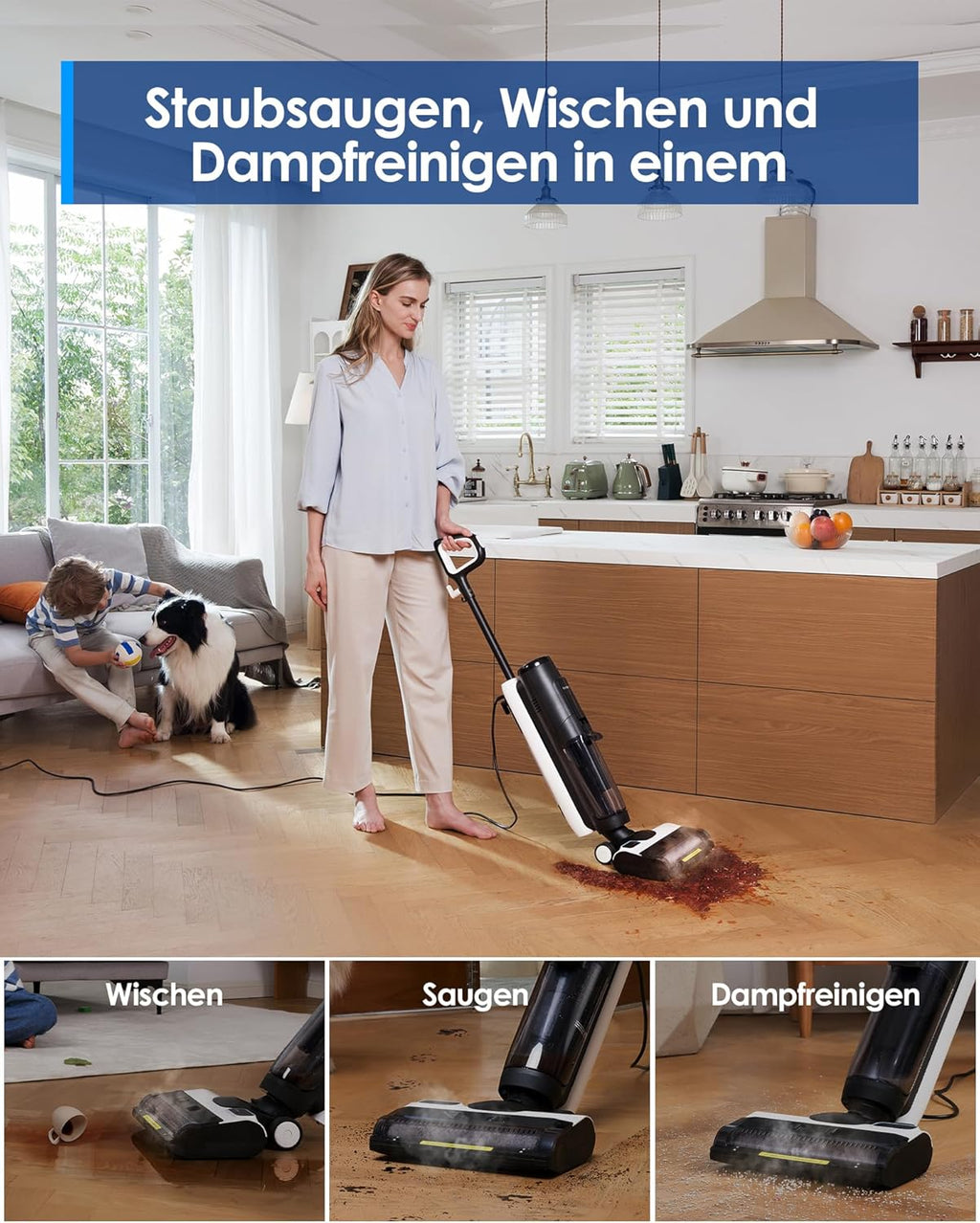 Tineco iFLOOR 5 Steam Lavapavimenti a vapore, vapore ad alta temperatura da 120℃, pulitore a vapore con filo, aspiraliquidi autopulente, lavapavimenti per sporco appiccicoso, residui di cibo