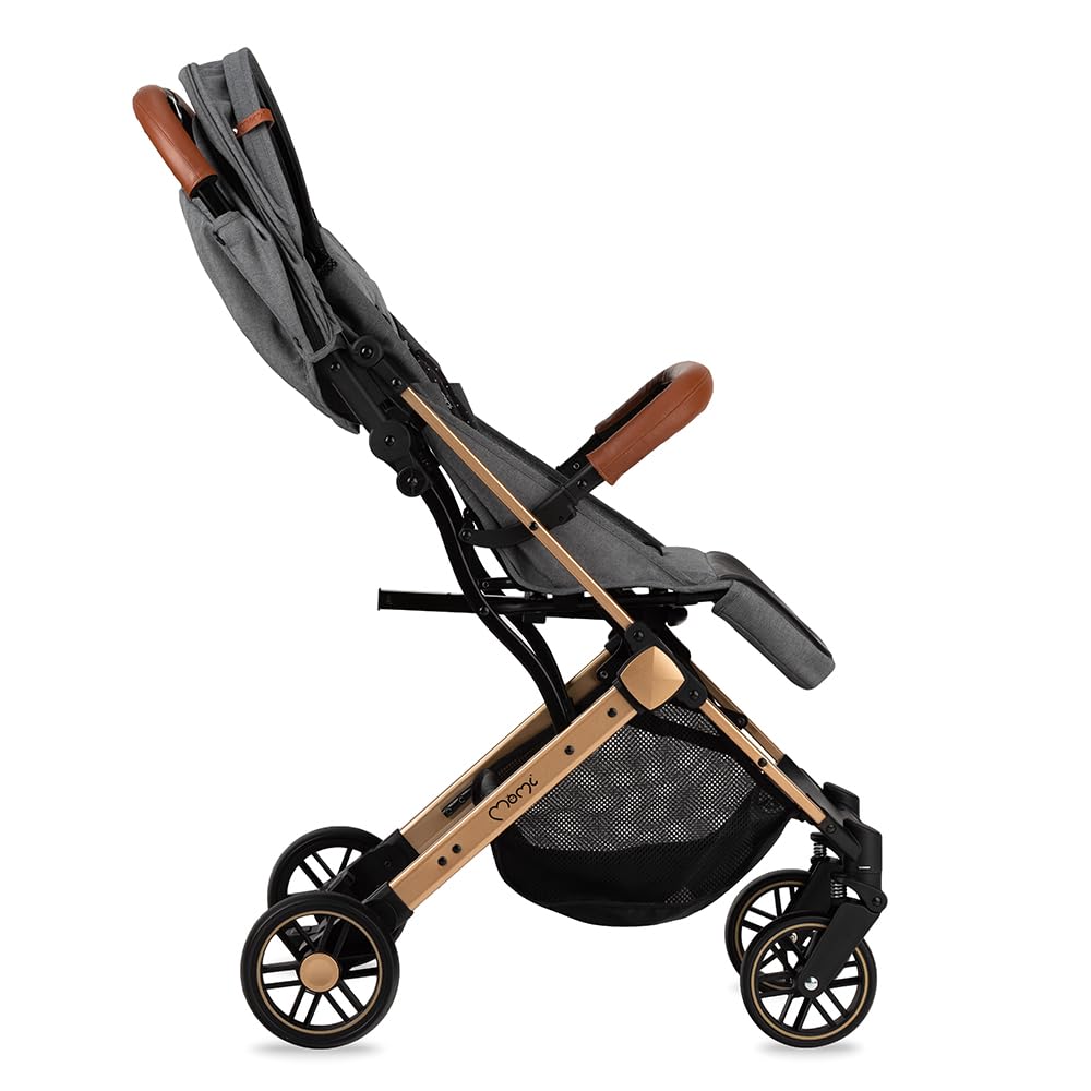 MOMI ESTELLE Kinderwagen für Kinder ab 6 Monat bis zu max körpergewicht von 15 kg, klappbar auf die Maße 65 x 51 x 21 cm, gewicht 7,5 kg, 5-Punkt-Sicherheitsgurt, koffer, grau-gold, Räder 6''/6,5''