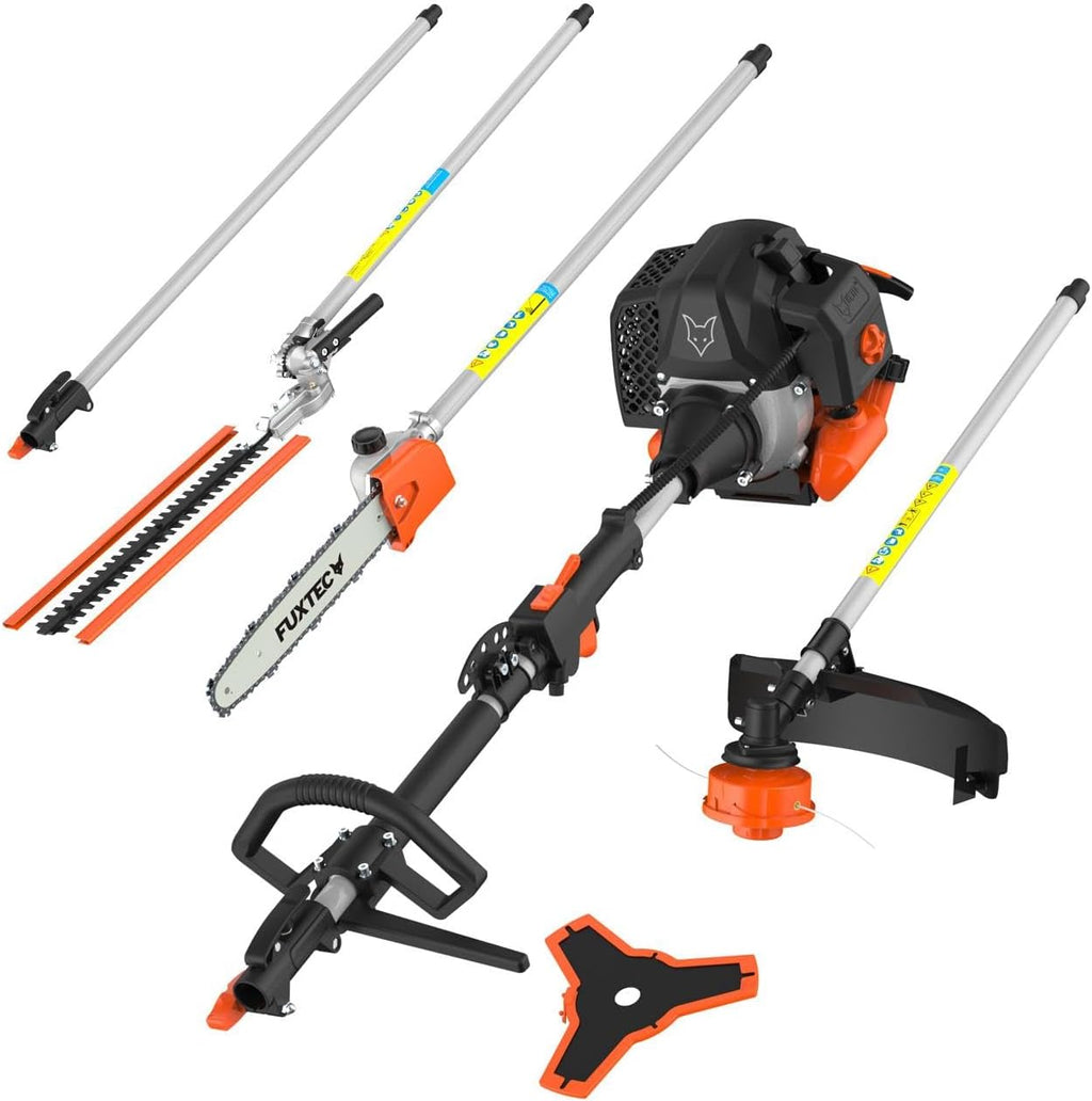 FUXTEC Decespugliatore a scoppio FX-MT152E Multitool 5in1, 52 cc, imbracatura professionale e prolunga da 1m inclusa, 3 CV, combinato tagliasiepi, potatore ad asta, sistema combinato, decespugliatore fs 2 tempi test di classe superiore 1,4