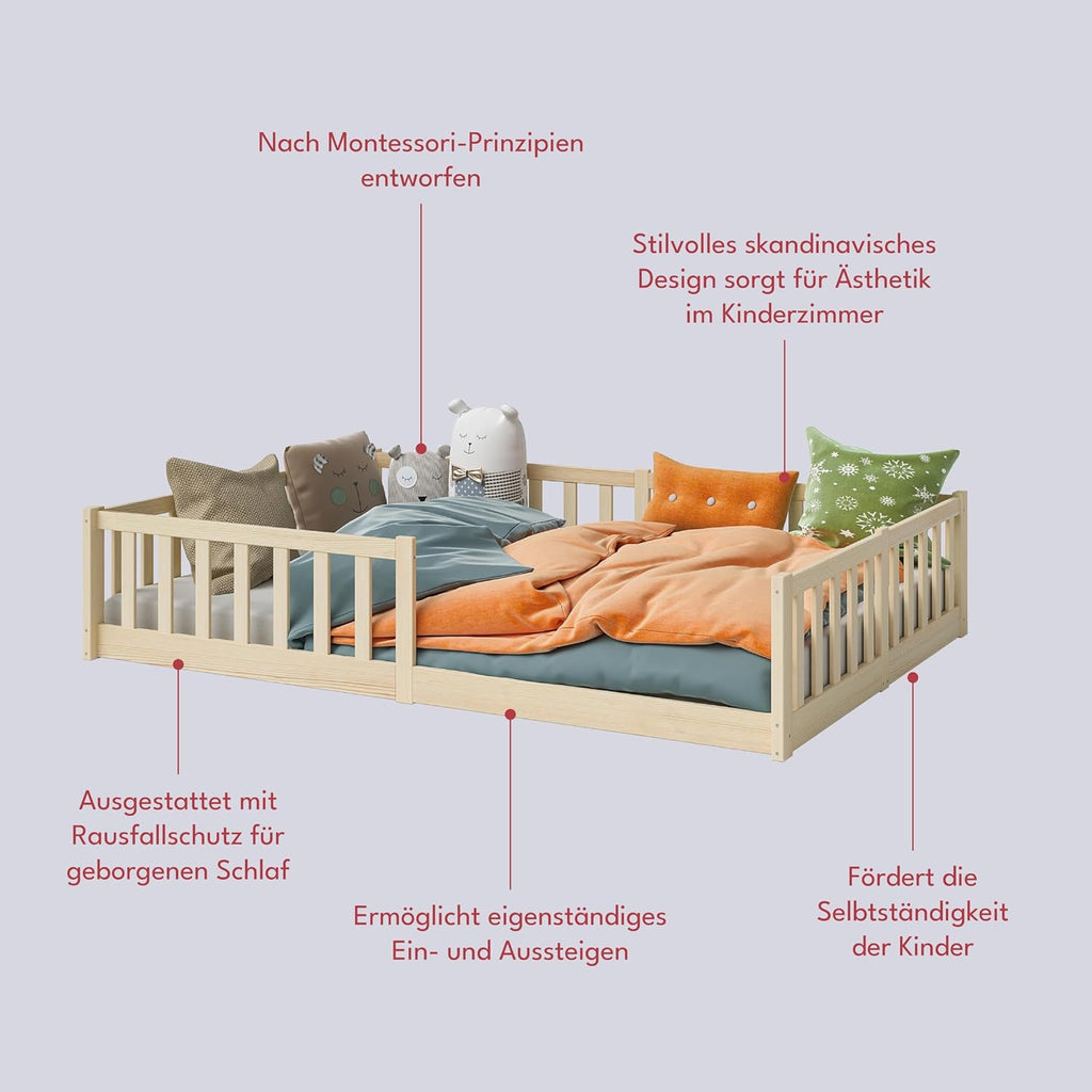 Bellabino Vere Letto a Pavimento 140x200 Montessori, Letto Matrimoniale con Protezione Anticaduta e Rete a Doghe, Letto per Bambini e Bambine in Legno Massello di Pino Bianco con Sbarre