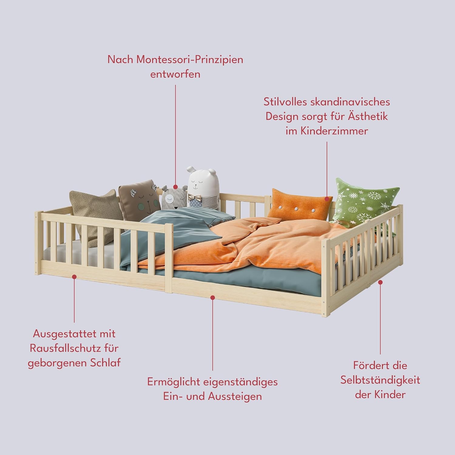 Bellabino Vere Letto a Pavimento 140x200 Montessori, Letto Matrimoniale con Protezione Anticaduta e Rete a Doghe, Letto per Bambini e Bambine in Legno Massello di Pino Bianco con Sbarre