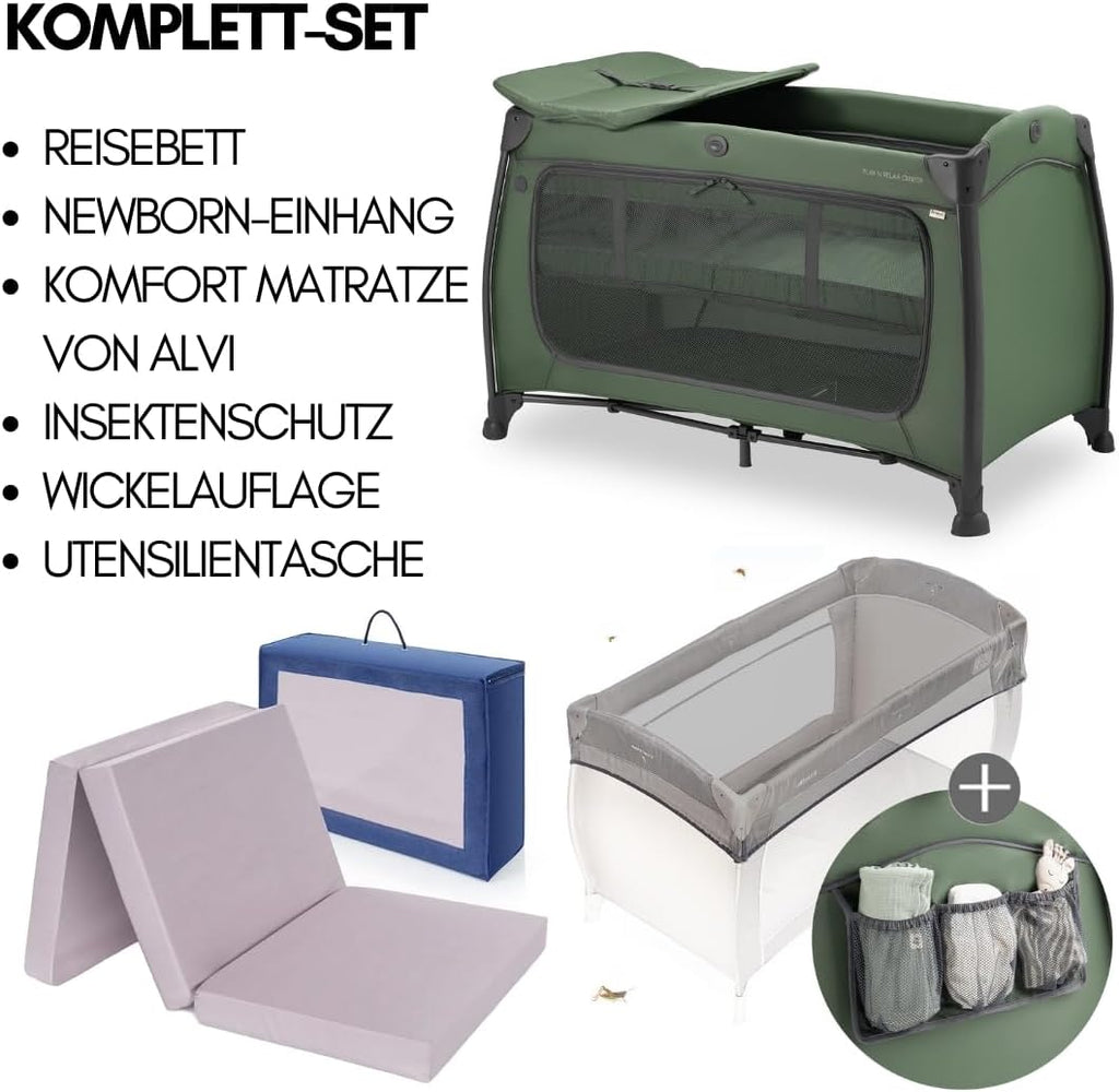 hauck Baby Reisebett Play n Relax Center Set mit Komfort Matratze und Insektenschutz - Babyreisebett mit Neugeborenen Einsatz, Wickelauflage und Tasche (höhenverstellbar & faltbar) - Dark Blue